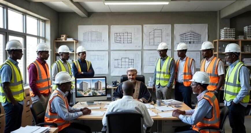 Construction Meeting Team of engineers discussing building plans in an office