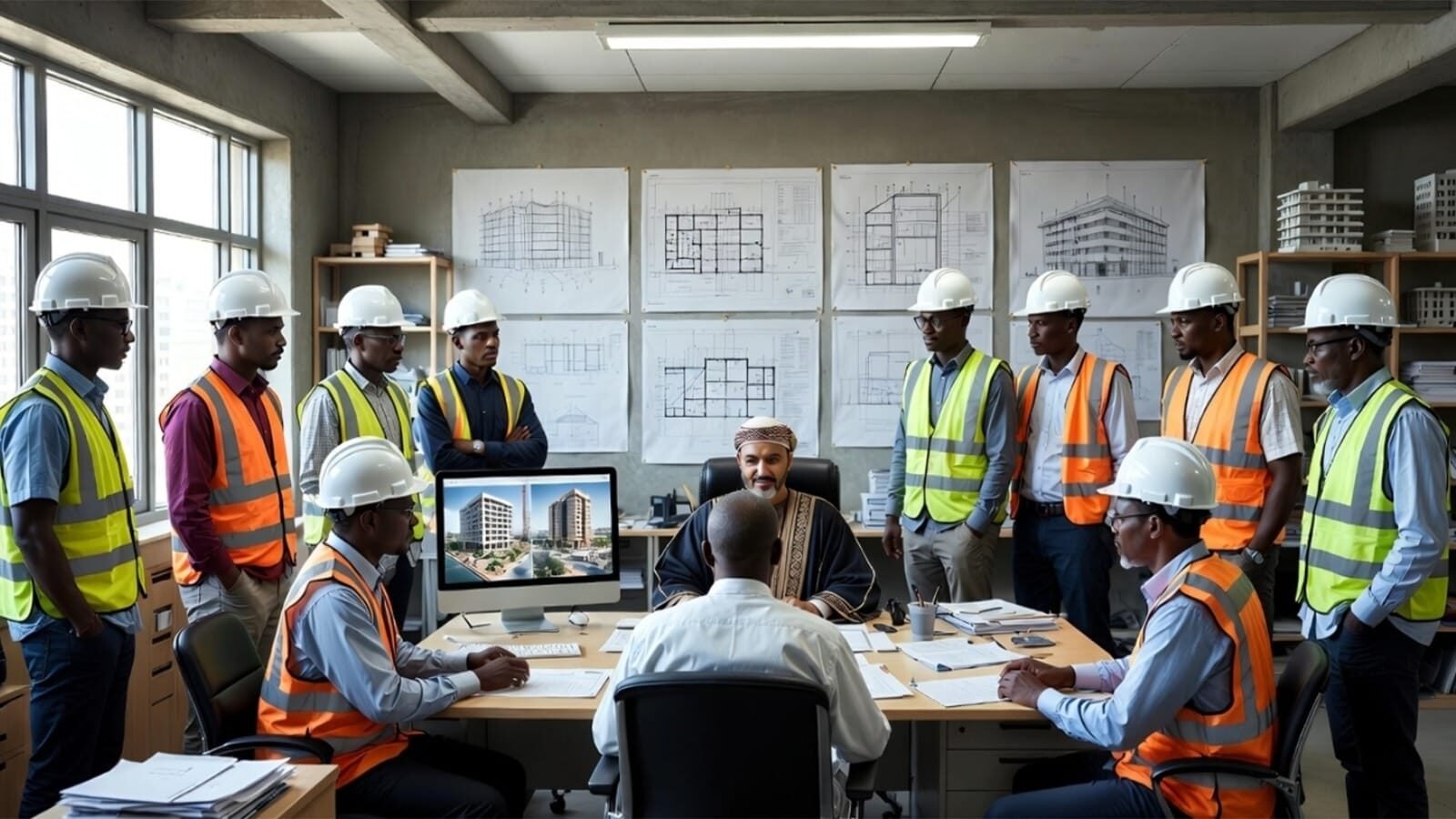 Team of engineers discussing building plans in an office