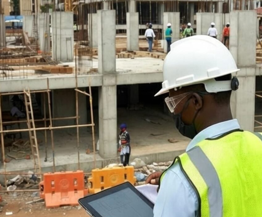 A construction worker using a tablet on-site at a building project.