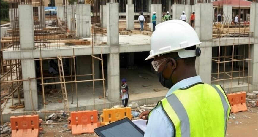 Construction Worker Tablet A construction worker using a tablet on-site at a building project.