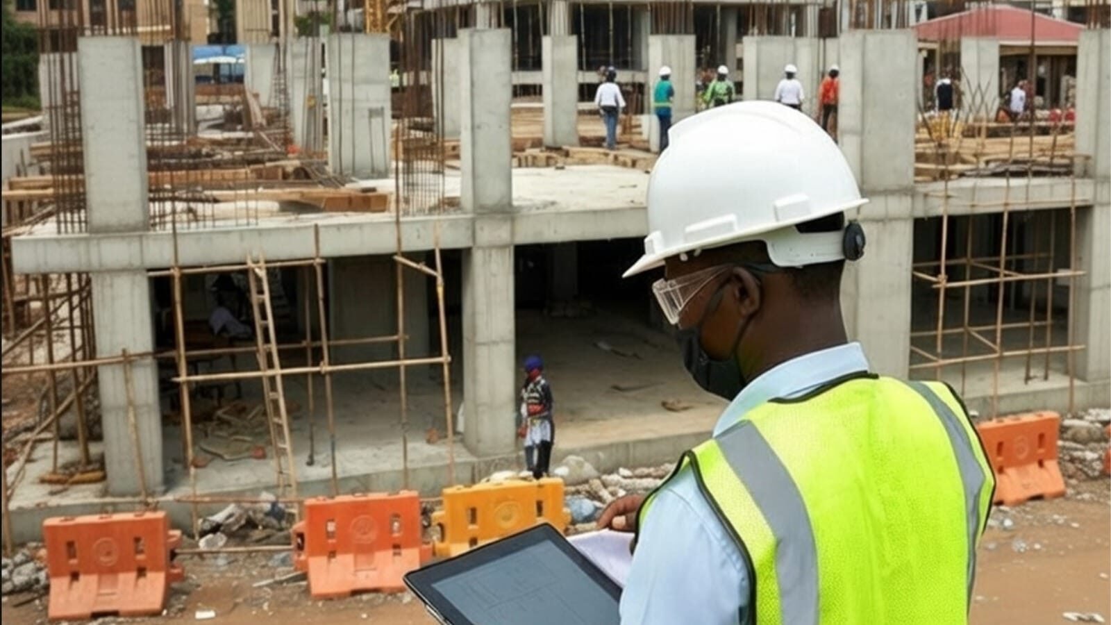 A construction worker using a tablet on-site at a building project.