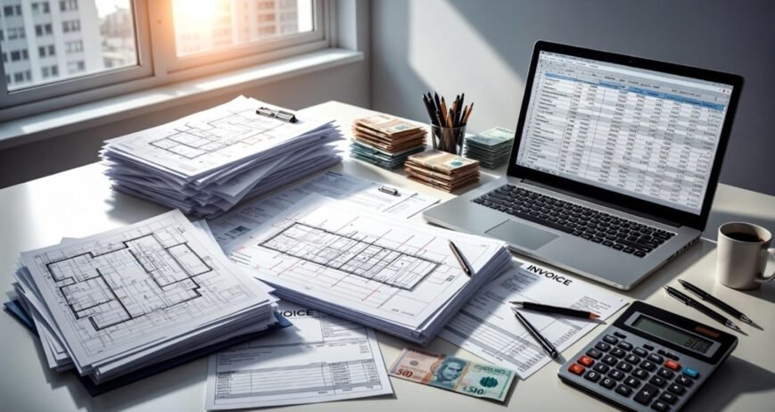 Workspace with architectural plans, a laptop, and financial documents.