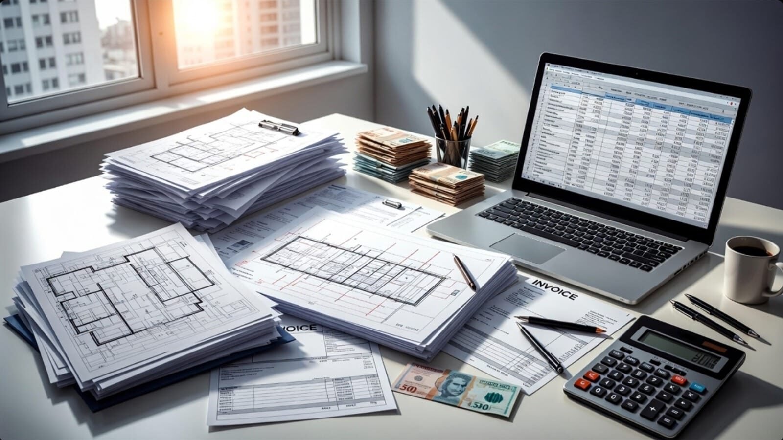 Workspace with architectural plans, a laptop, and financial documents.