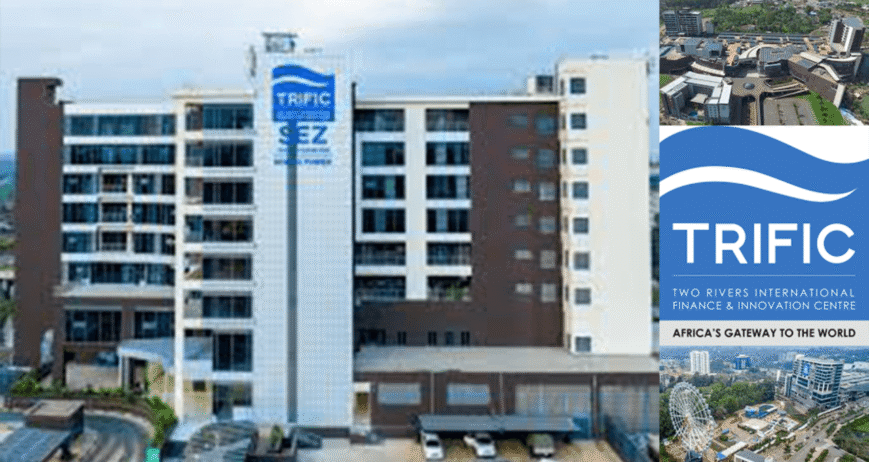 Trific International Finance Innovation Centre Modern building of Trific, an innovation and finance center in Africa.