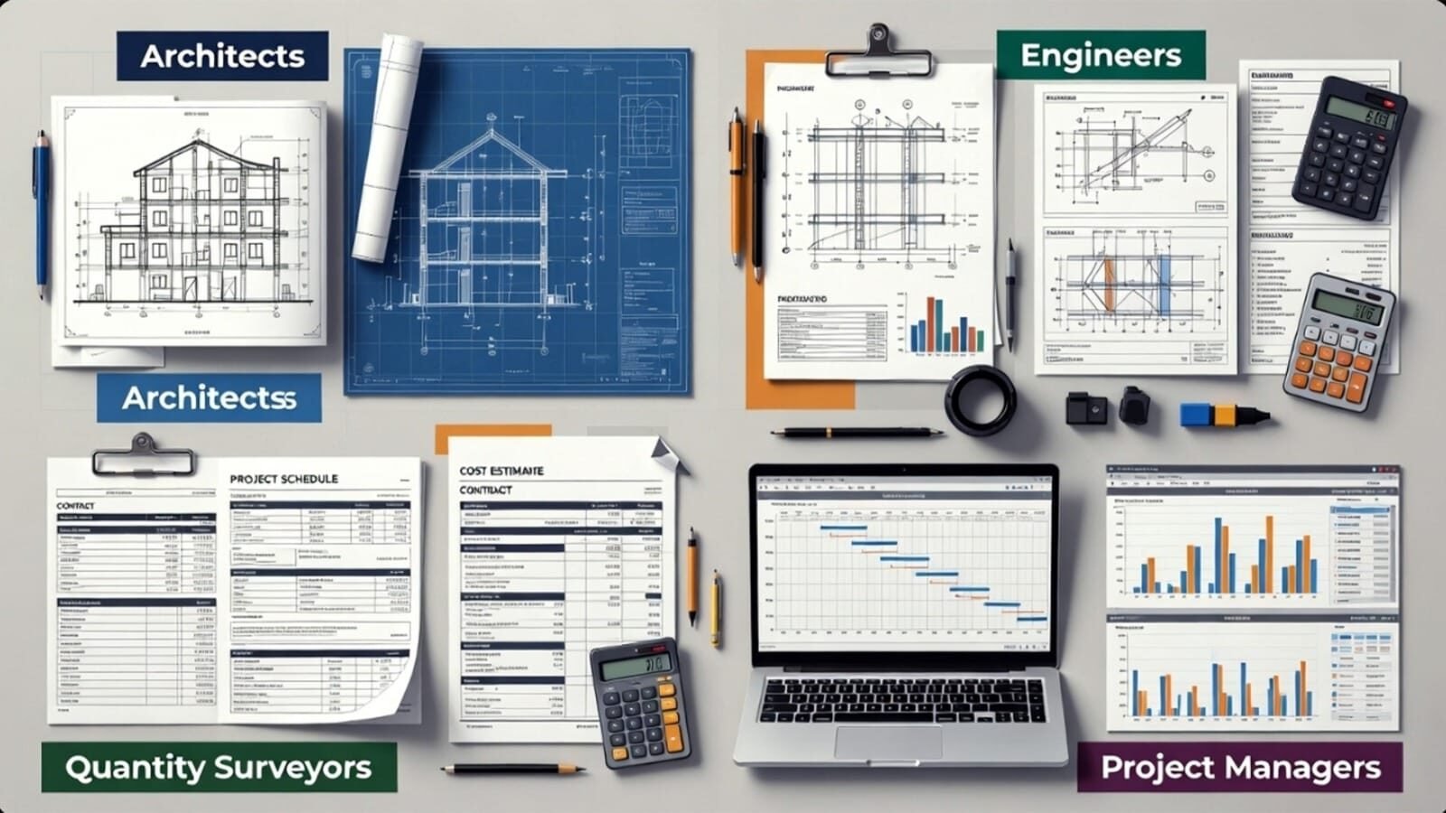 Blueprints and project documents for construction professionals.