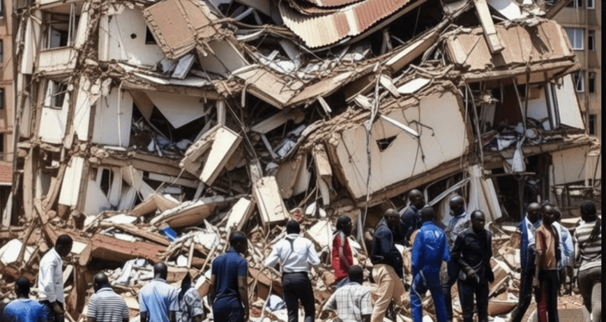 Building Collapse Scene People surveying the aftermath of a collapsed building.