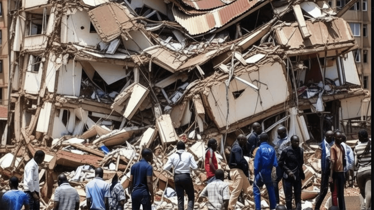 People surveying the aftermath of a collapsed building.