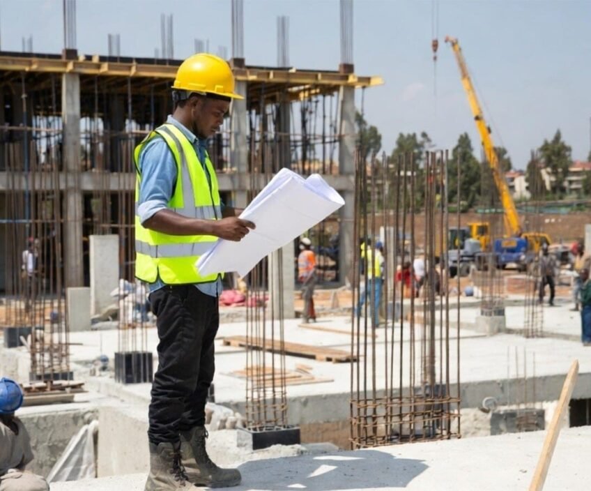 Construction worker reviewing blueprints at a building site.