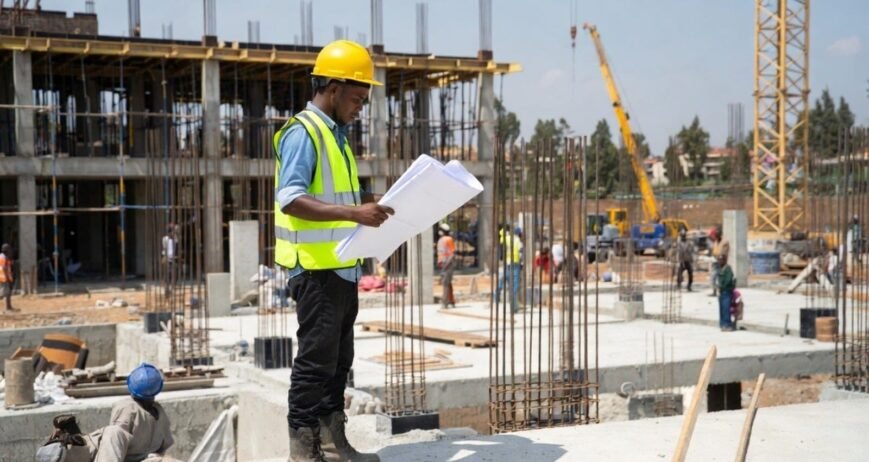 Construction Worker Reading Blueprints Construction worker reviewing blueprints at a building site.