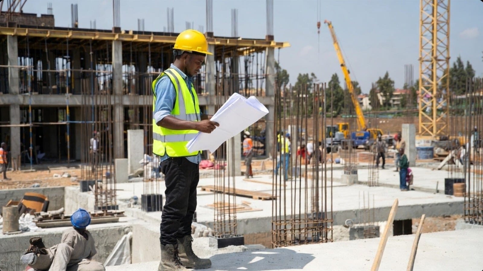 Construction worker reviewing blueprints at a building site.