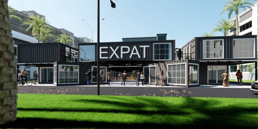 Expat Building Modern building featuring the word 'EXPAT' in large letters.