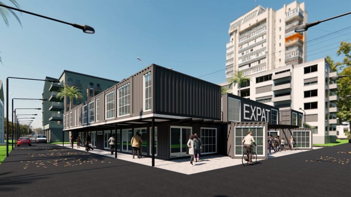 Modern building design with a focus on expats in urban setting.