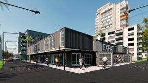 Modern building design with a focus on expats in urban setting.