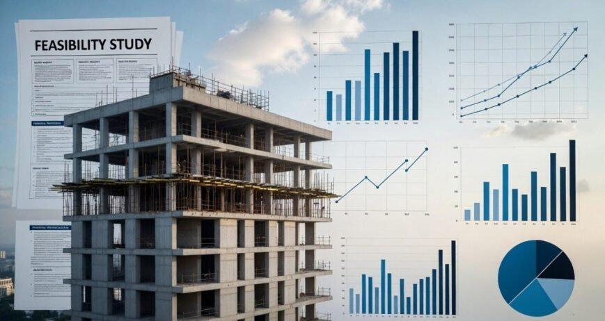 Feasibility Study Construction Analysis Construction site with feasibility study documents and data visualizations.