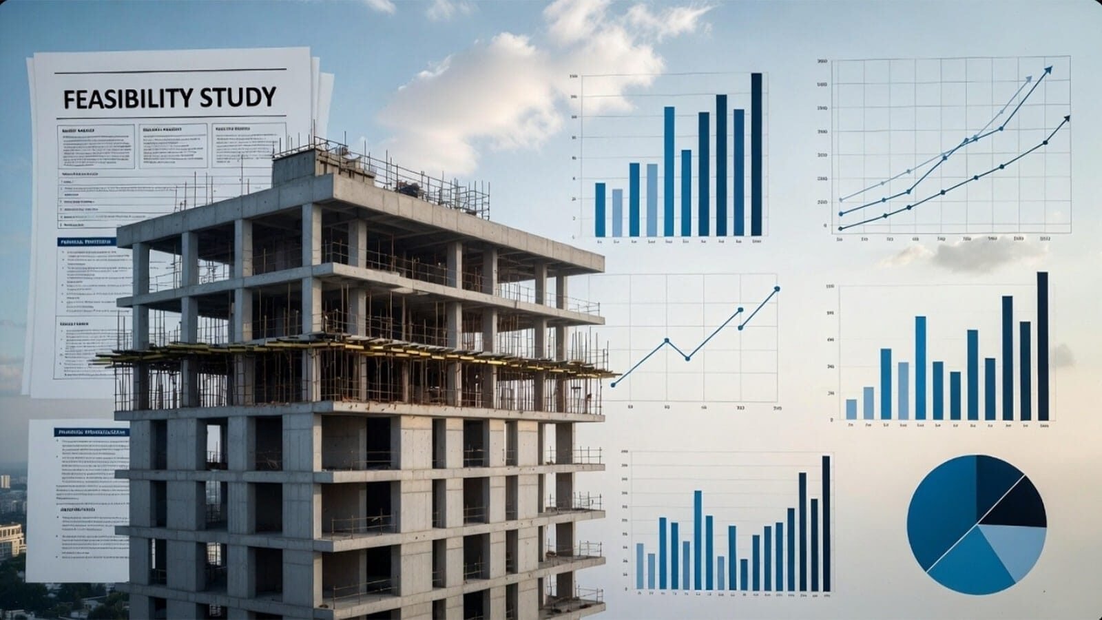 Construction site with feasibility study documents and data visualizations.