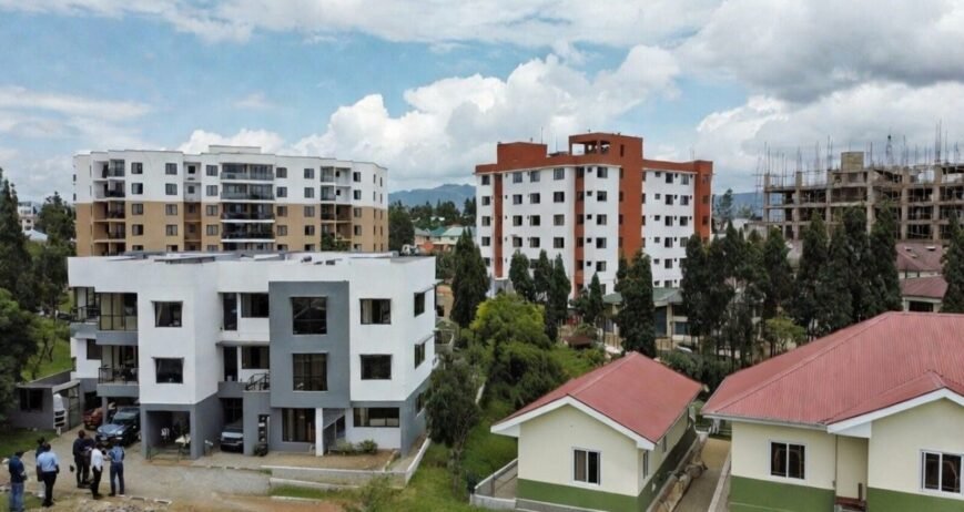 Modern Buildings On Sunny Day Aerial view of modern residential buildings with clear sky.