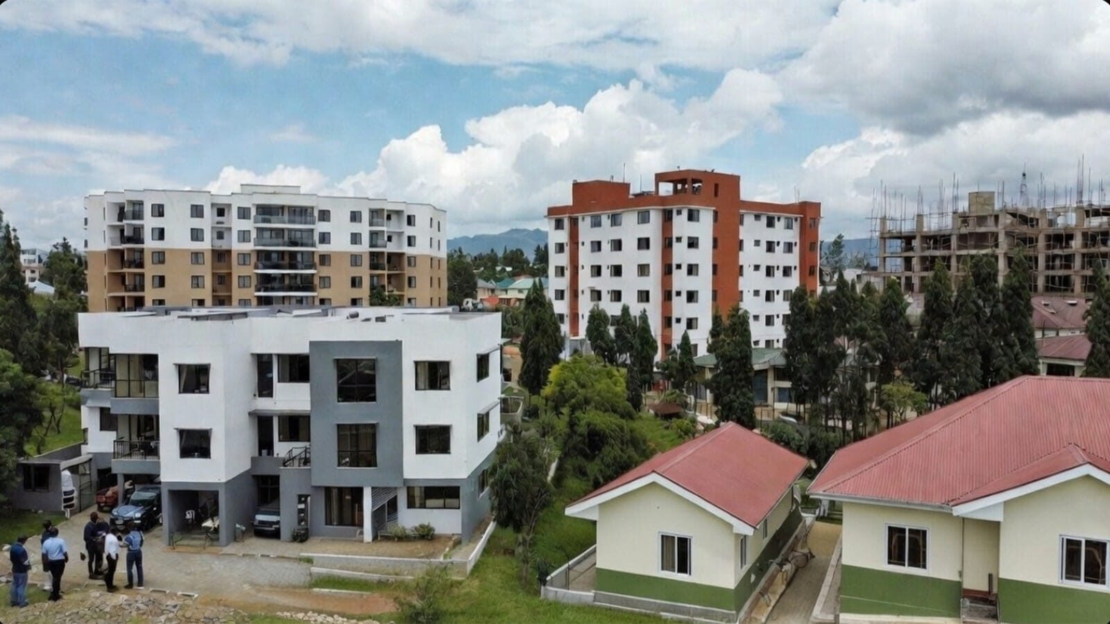 Aerial view of modern residential buildings with clear sky.