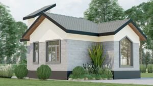 A modern house with a stylish roof and greenery.