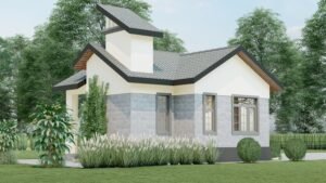 A modern house with unique architecture and surrounding greenery.