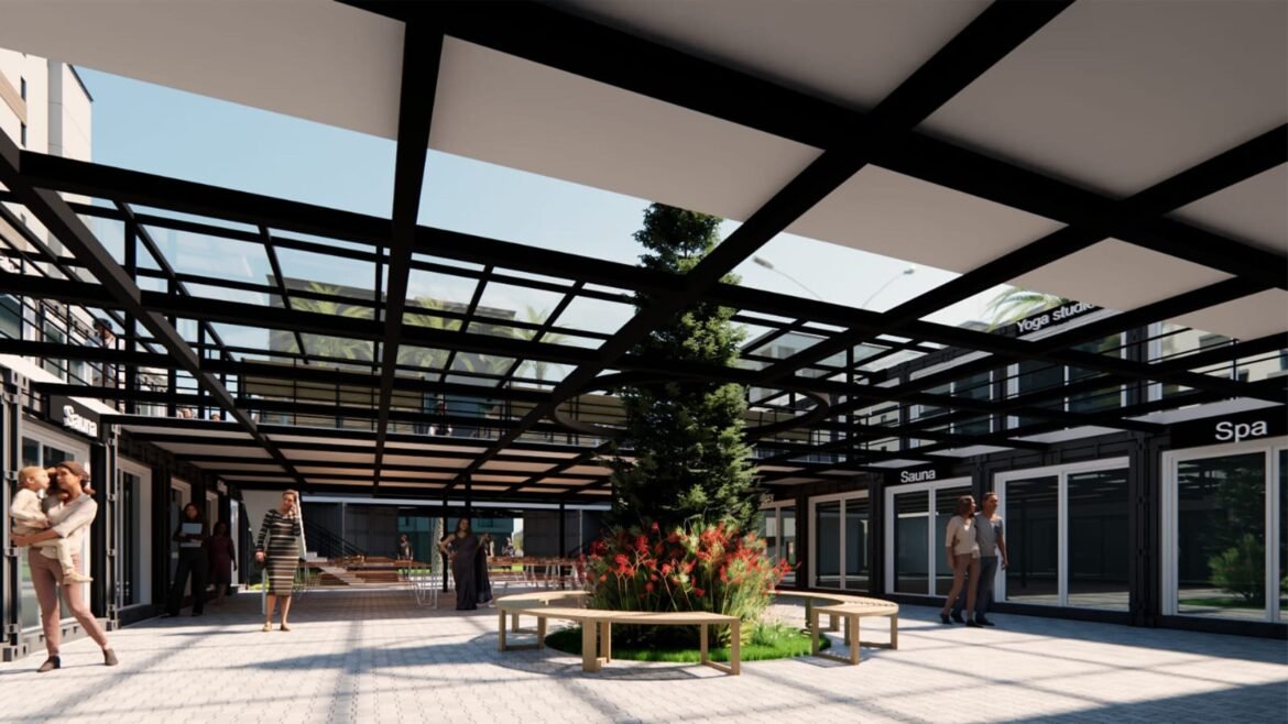 Interior of a modern wellness center with people and greenery.