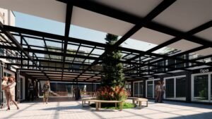 Interior of a modern wellness center with people and greenery.