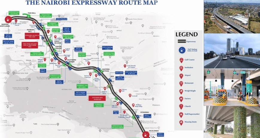 Map displaying Nairobi Expressway route and points of interest.