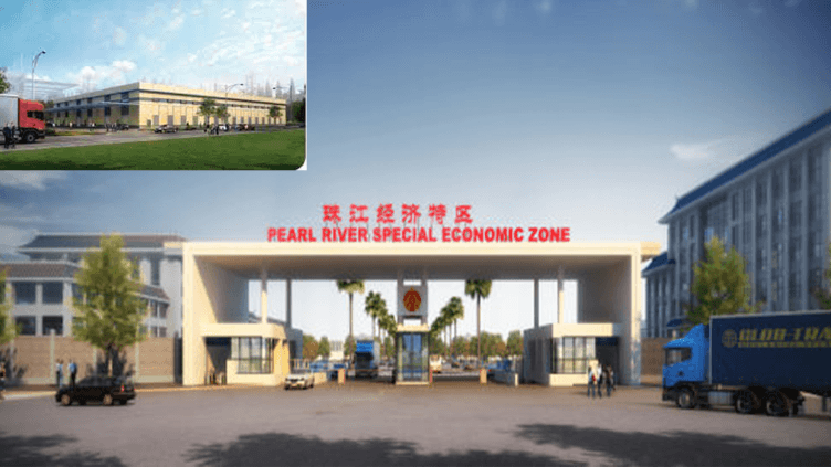Pearl River Special Economic Zone Entrance of Pearl River Special Economic Zone with trucks and buildings.