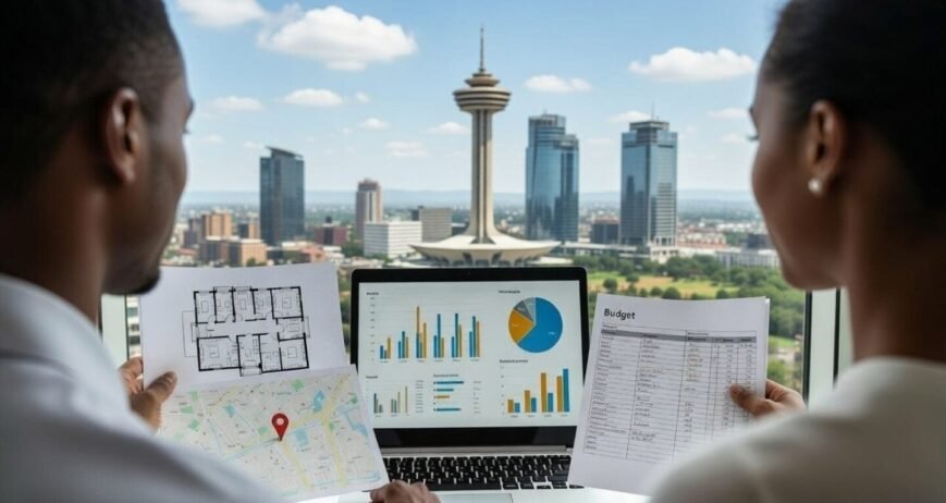 Business Meeting Analysis Two professionals analyzing data with city view in the background.