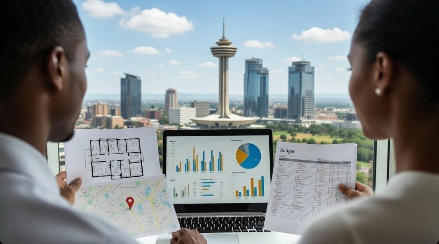 Two professionals analyzing data with city view in the background.