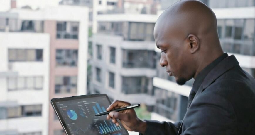 Businessman Checking Data Businessman analyzing data on a tablet outdoors.