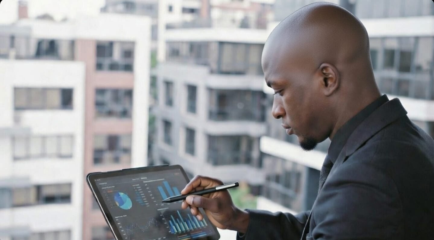 Businessman analyzing data on a tablet outdoors.