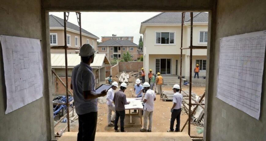 Construction Site Meeting Construction workers collaborating on plans at a building site.
