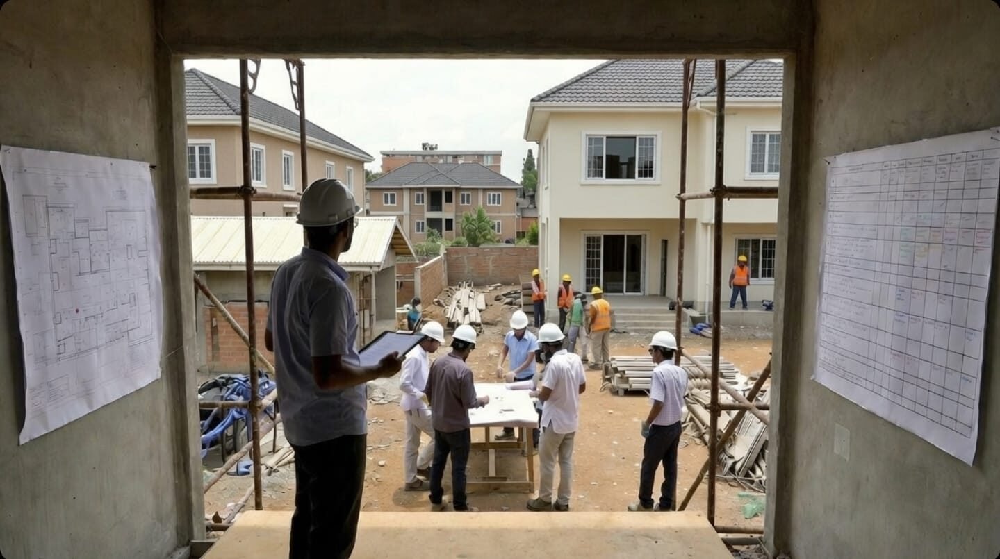 Construction workers collaborating on plans at a building site.