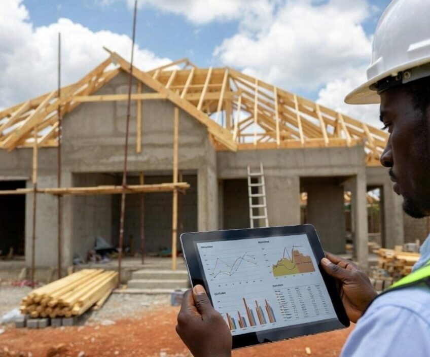 Construction worker checks data on tablet at building site.