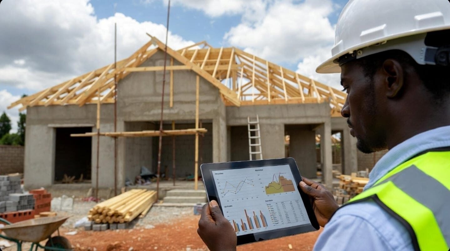 Construction worker checks data on tablet at building site.