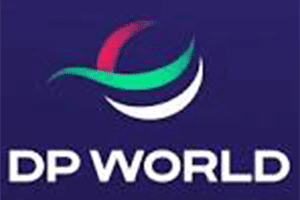 DP World logo with vibrant colors on a dark background.