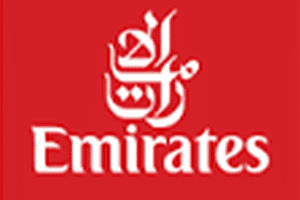 Logo of Emirates Airlines on a red background