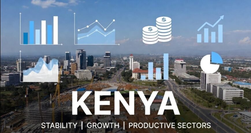 Kenya Stability Growth Productive Sectors Aerial view of Nairobi with growth charts and icons.