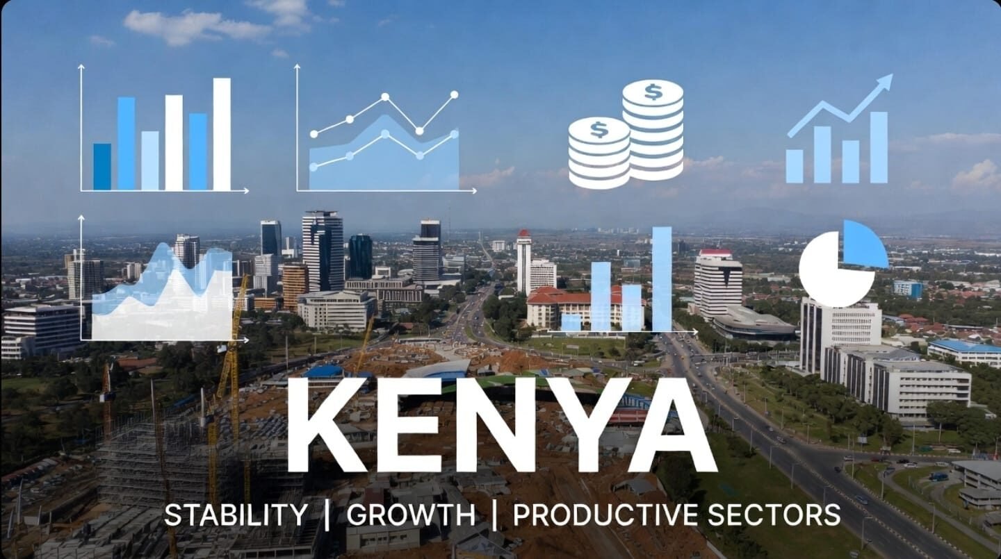 Aerial view of Nairobi with growth charts and icons.