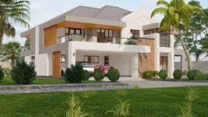 Stylish modern house with spacious lawn and palm trees.