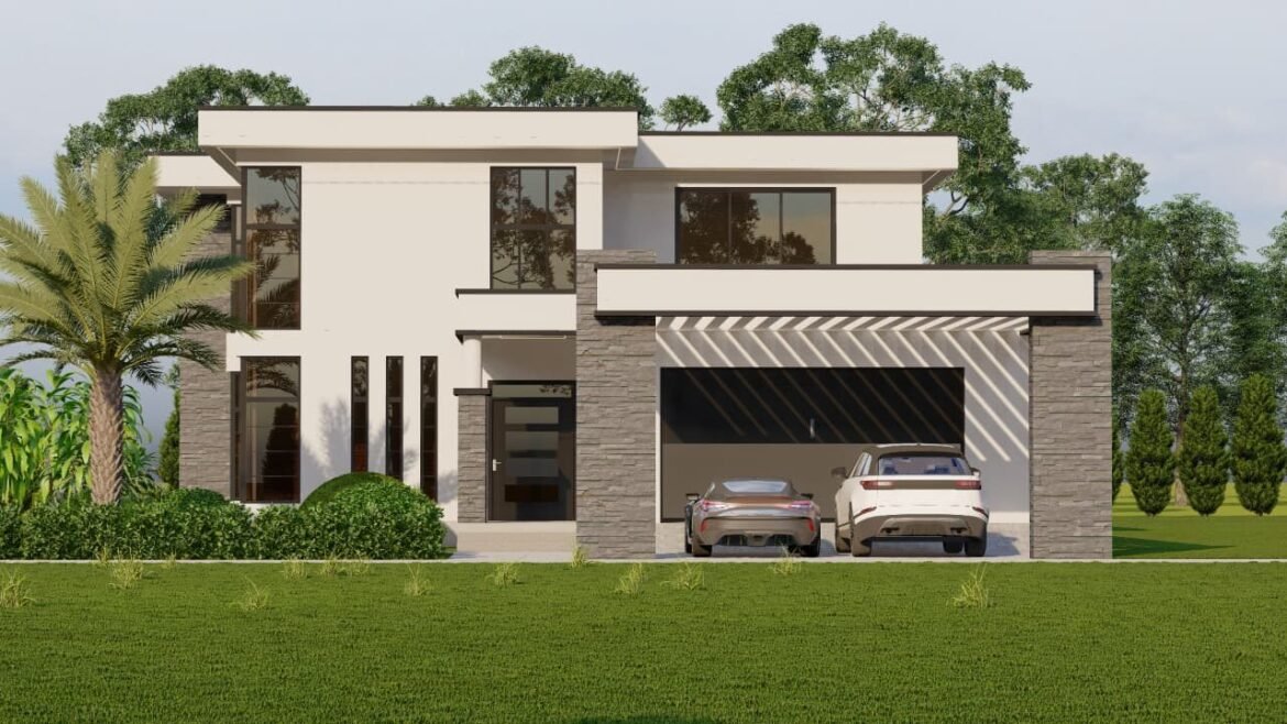 Contemporary two-story house with garage and palm trees.