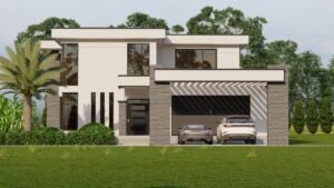Contemporary two-story house with garage and palm trees.