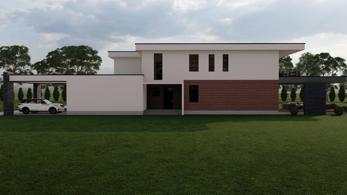 Modern house design featuring a mix of materials and greenery.