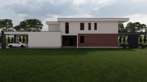 Modern house design featuring a mix of materials and greenery.