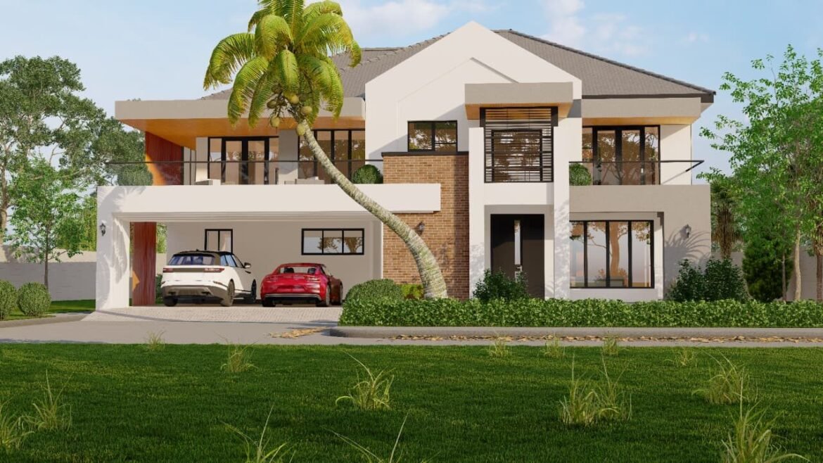 Elegant modern house with two cars and lush greenery.
