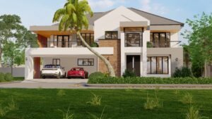 Elegant modern house with two cars and lush greenery.