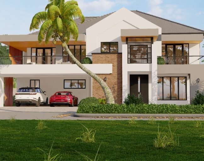 Elegant modern house with two cars and lush greenery.