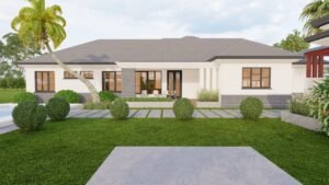 Beautiful modern house with landscaped garden and palm tree.