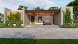 Modern house exterior with a car and lush greenery.
