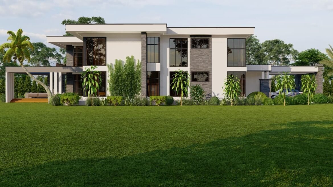 Contemporary house with lush green landscape and palm trees.